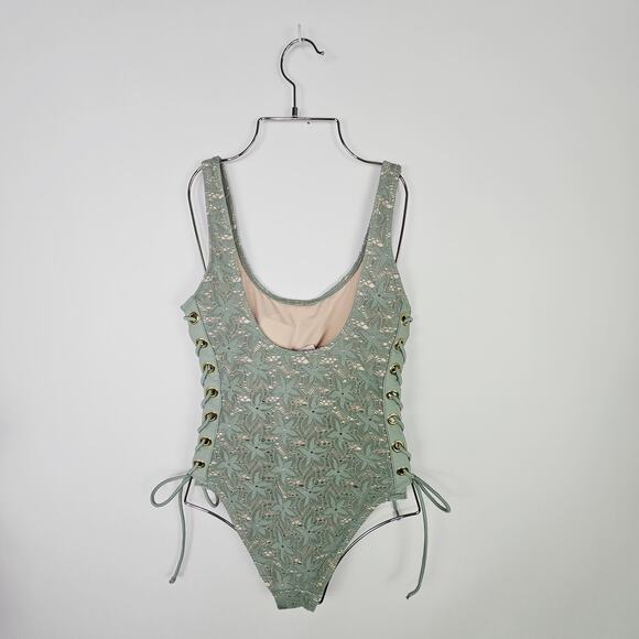 Sage Green Crochet Lace One-Piece Swimsuit Nude Lining Sexy Lace Up Side Medium - Picture 5 of 14